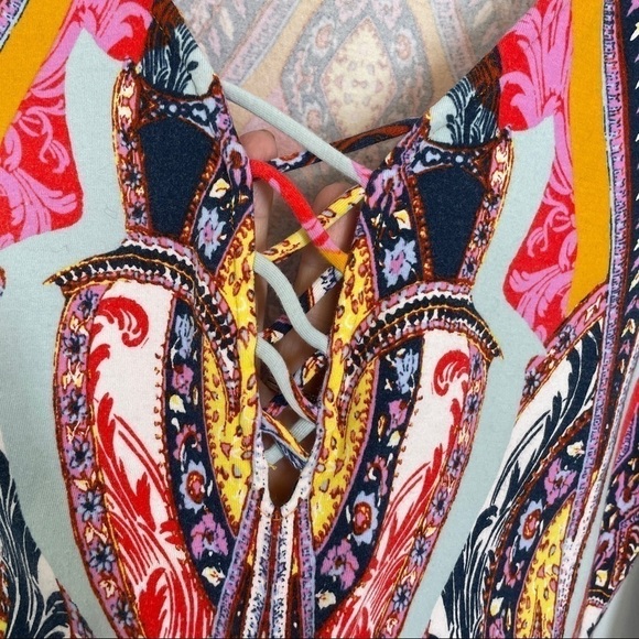 Free People Pick a Place Multicolored Bodysuit Faux Lace Up Front Snap Crotch M - Picture 9 of 14